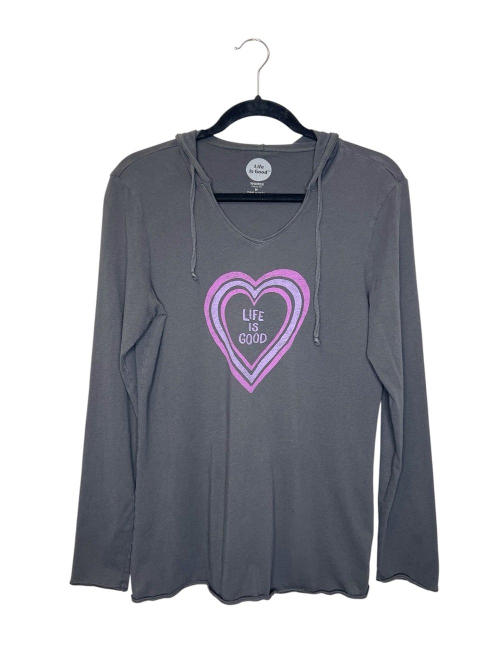 LIFE IS GOOD Hearts Classic Fit Cotton Hooded Long sleeve Tee size Medium